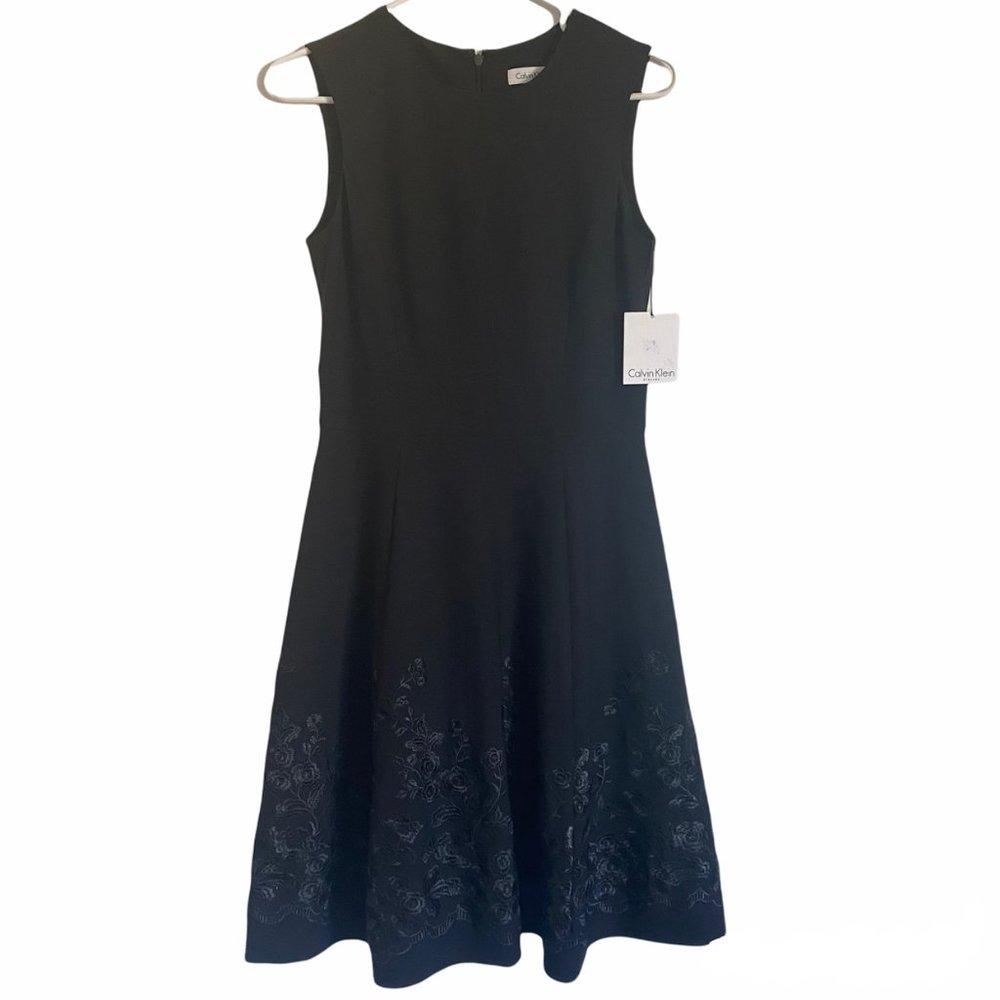 Calvin Klein Black A-Line Sleeveless Dress with Embroidery
